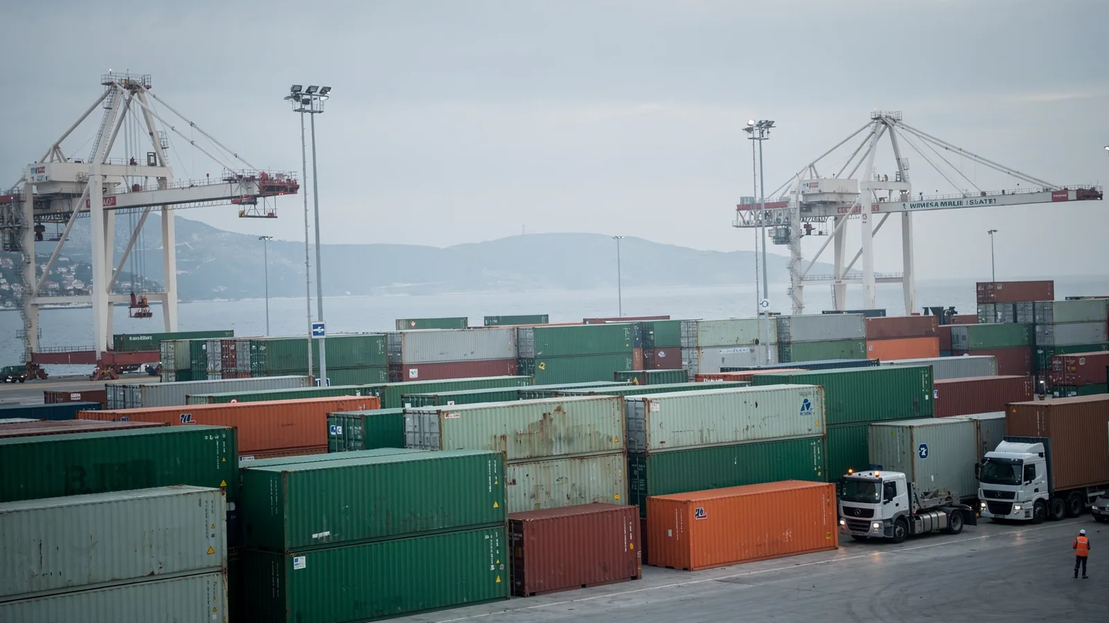 Kontejnerski terminal u jadranskoj luci u rano jutro, s dizalicama u pozadini